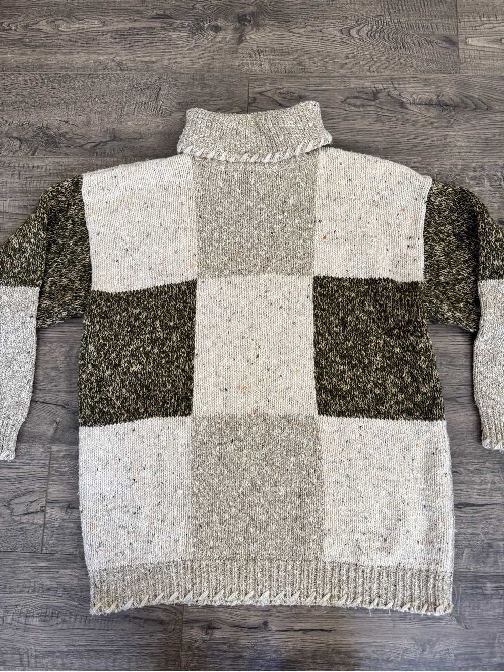 Patchwork Knit Cowl Neck Sweater in Cream and Olive - Picture 3 of 7
